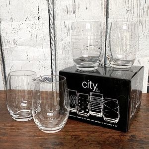 NIB City Chic Set of 4 etched Stemless Wine Glasses 18 oz - 2 sets of 4 avail